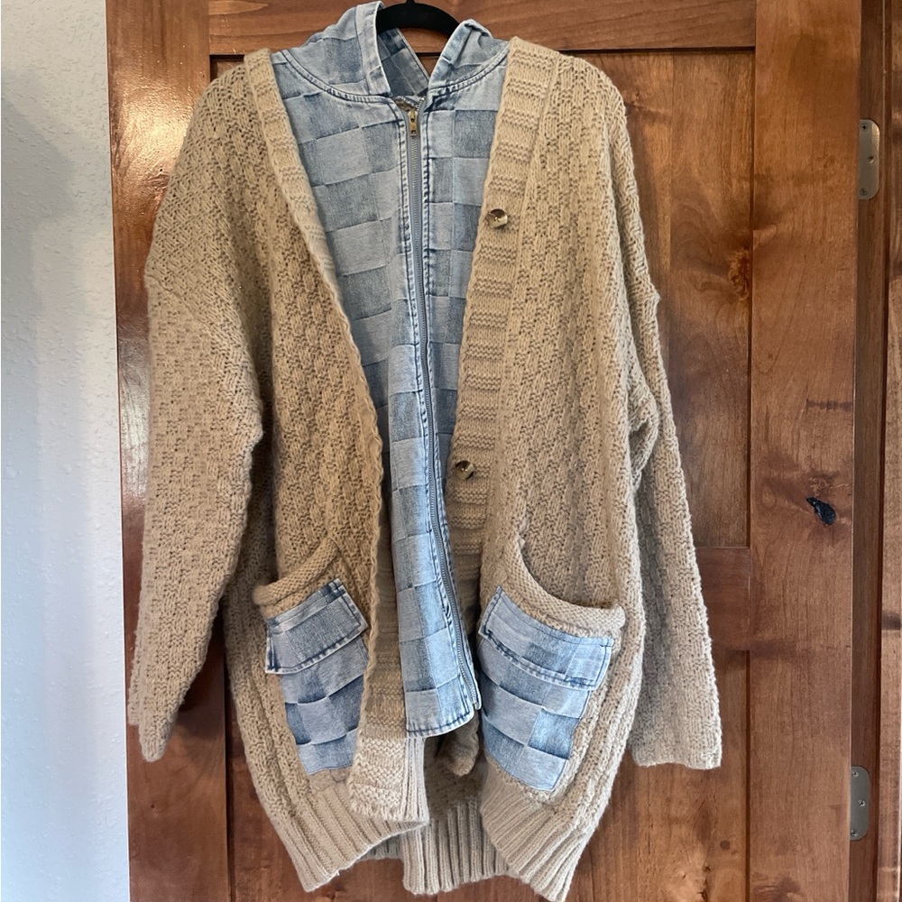 BiBi Tan Knit Cardigan with Denim Accents